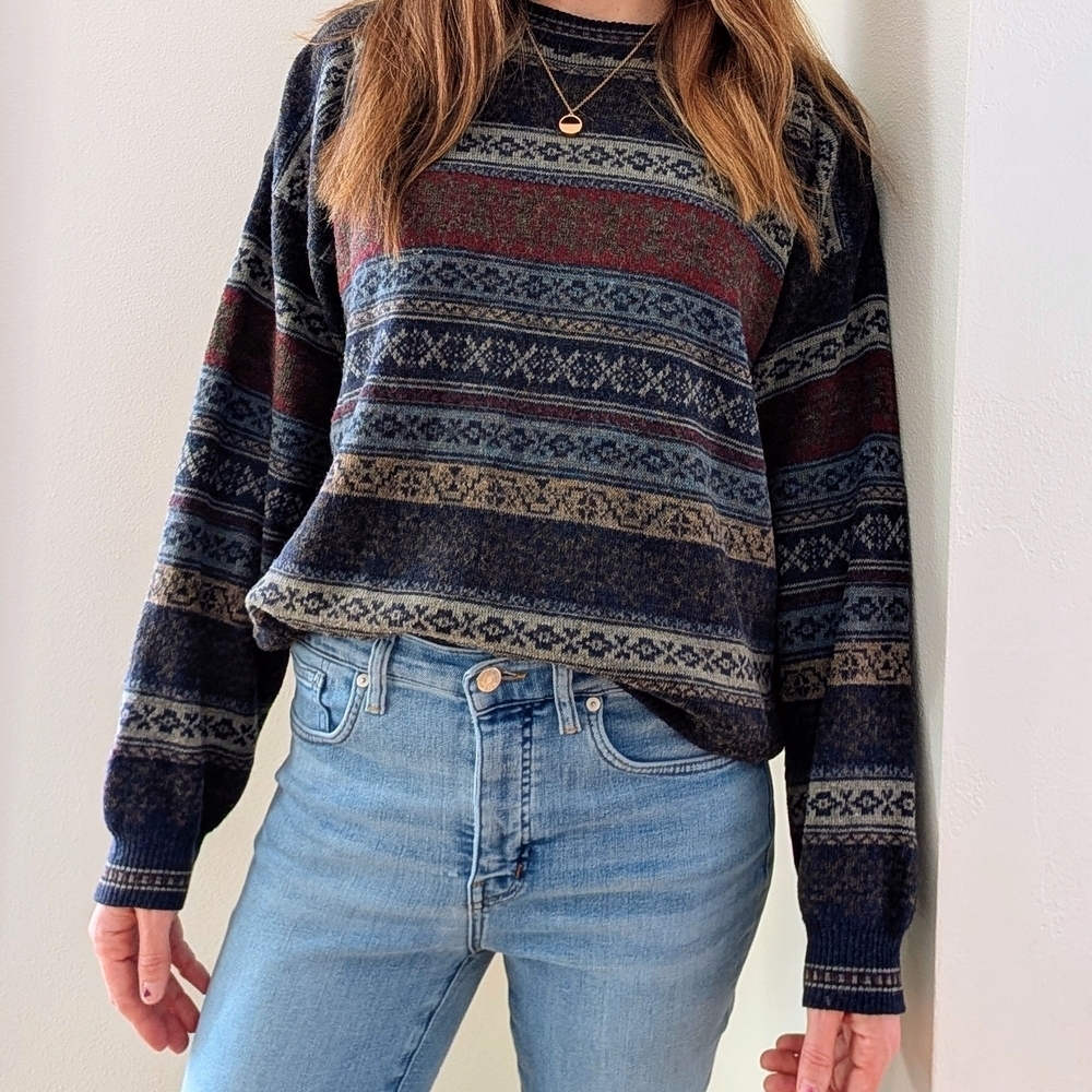 Vintage Abstract Geometric Patterned Textured Wool Blend Crewneck Sweater - Navy